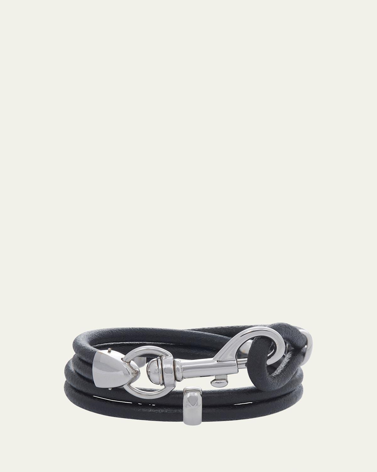 Mens 18K White Gold Leather Cord Double Wrap Bracelet Product Image