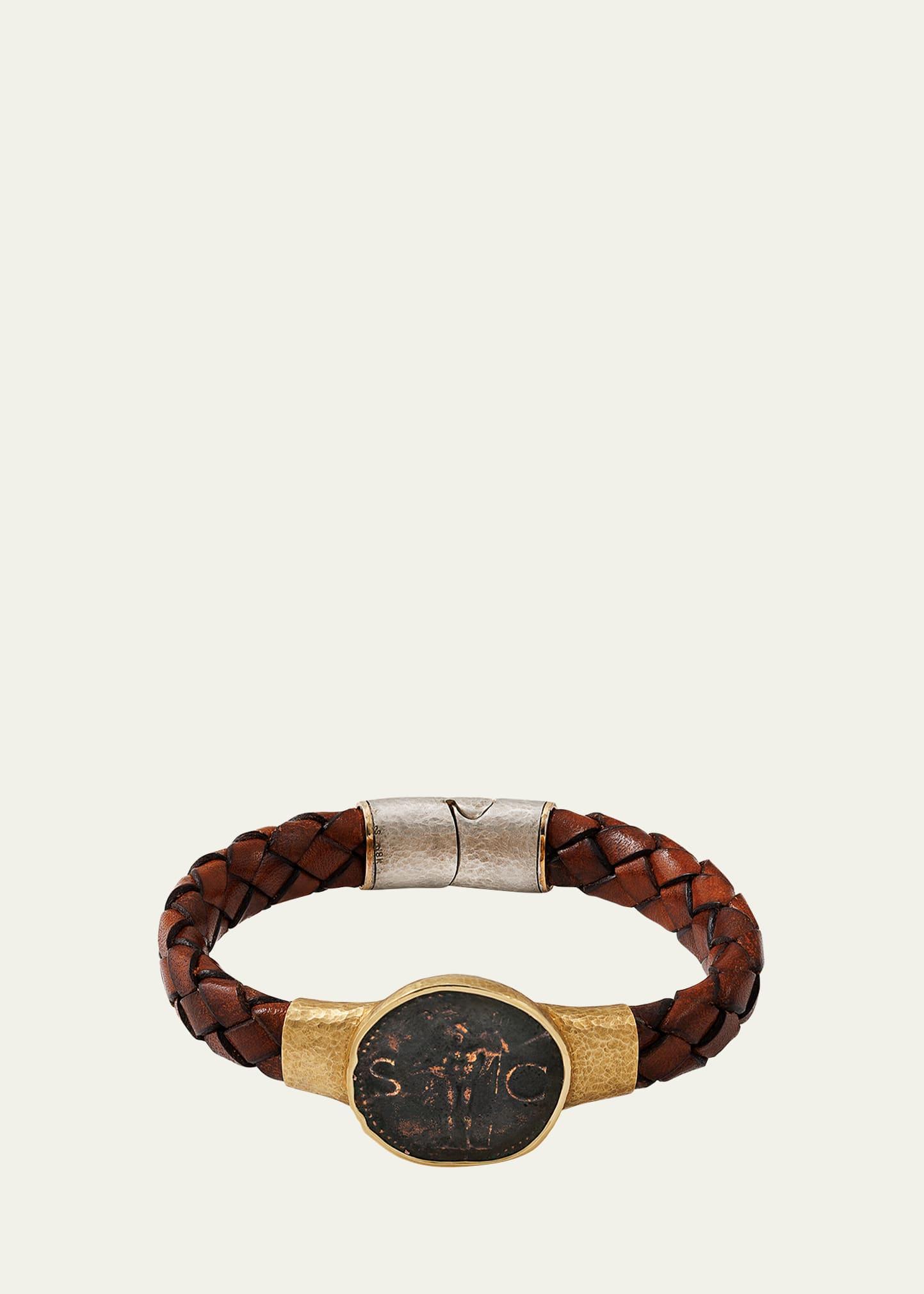 Mens Braided Leather Neptune Coin Bracelet Product Image