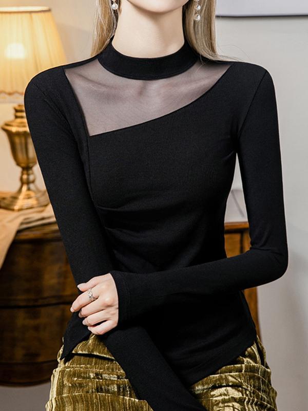 Long Sleeves Plus Size Asymmetric See-Through Solid Color Split-Front Split-Joint Round-Neck T-Shirts Tops Product Image