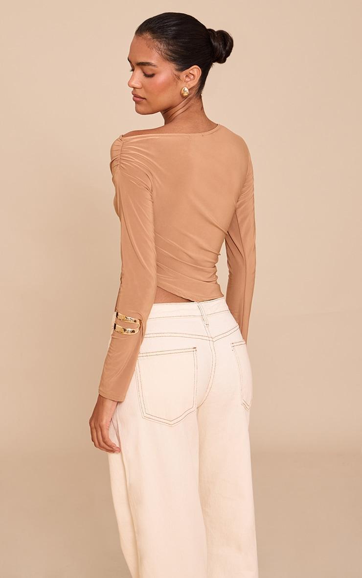 Tan Soft Touch Asymmetric Ruched Long Sleeve Top Product Image