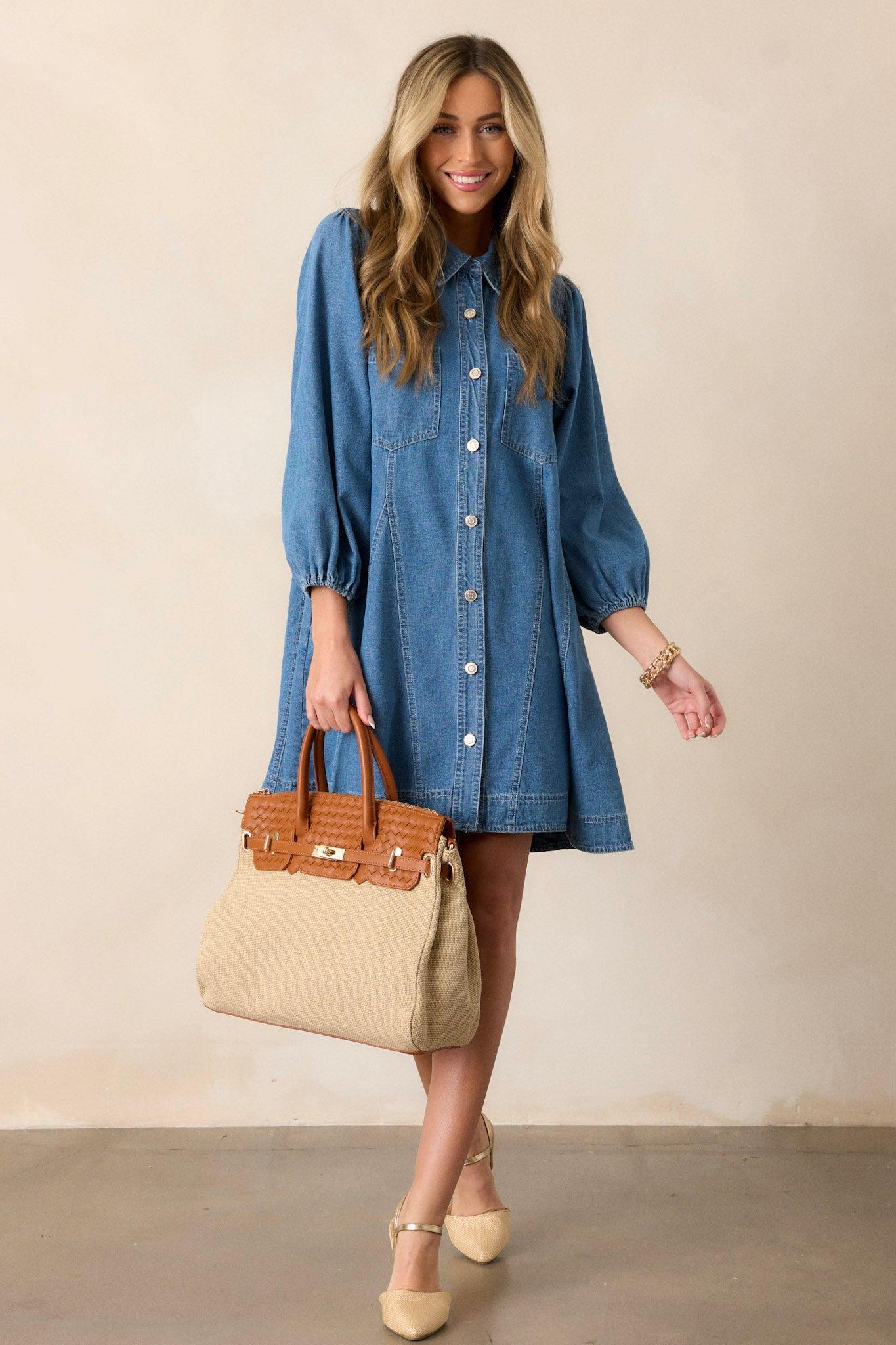 Speak Up Medium Wash Denim Mini Shirt Dress Product Image