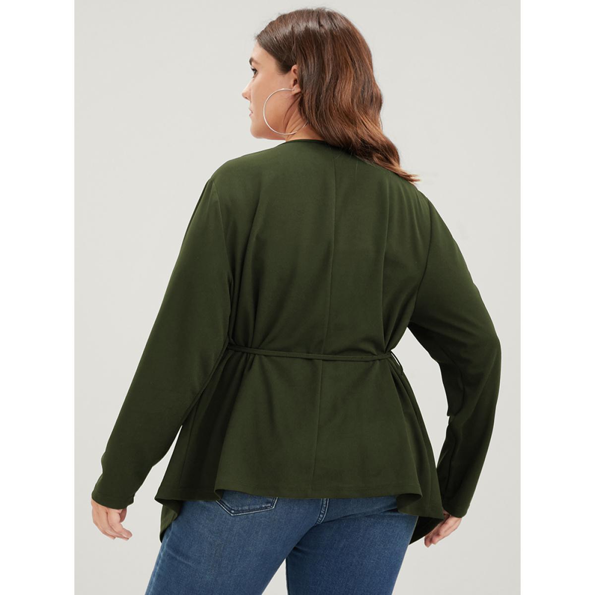 Plus Size Plain Asymmetrical Hem Waterfall Collar Ties Coat Women ArmyGreen Elegant Belted Loose Ladies Dailywear Winter Coats BloomChic 10/M Product Image