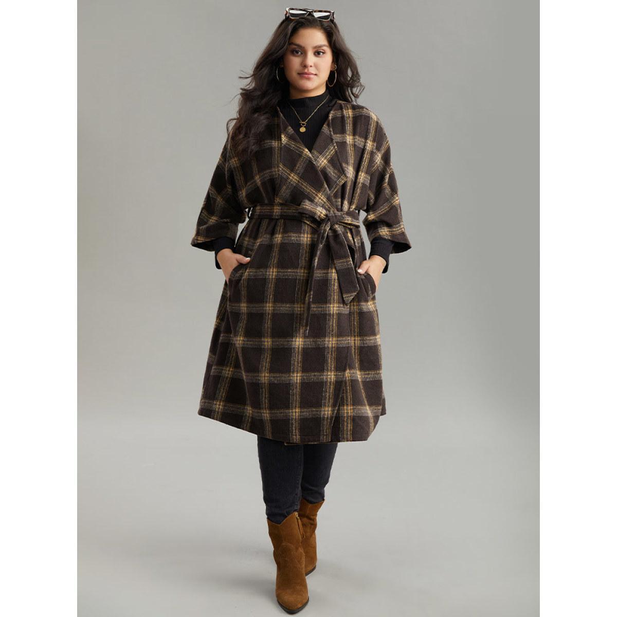 Plus Size Plaid Asymmetrical Neck Dolman Sleeve Belted Coat Women DarkBrown Elegant Belted Ladies Dailywear Winter Coats BloomChic 10/M Product Image