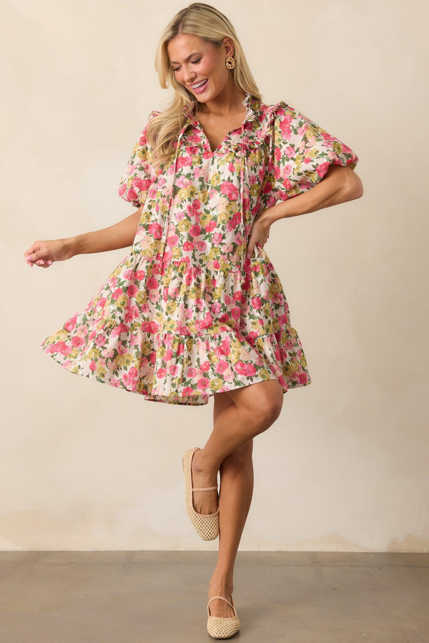 Botanical Garden Date Cotton Pink Puff Sleeve Mini Dress Product Image