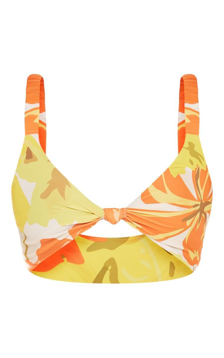 Orange Contrast Floral Print Knotted Scrunchie Strap Bikini Top Product Image