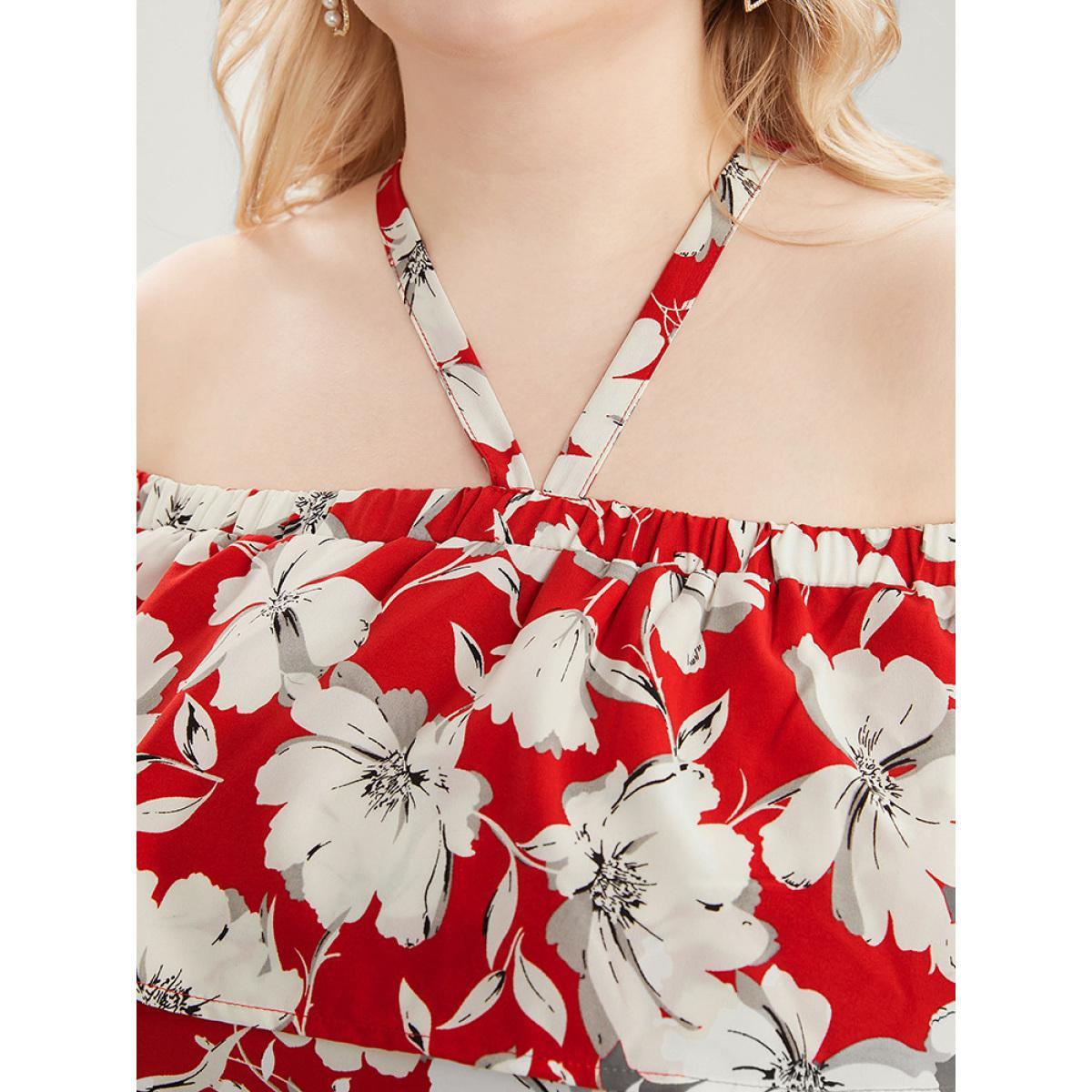 Plus Size Floral Print Pocket Ruffles Trim Split Halter Maxi Dress Scarlet Women Elegant Elastic Waist Halter neck Short sleeve Curvy Long Dress BloomChic 22-24/3X Product Image
