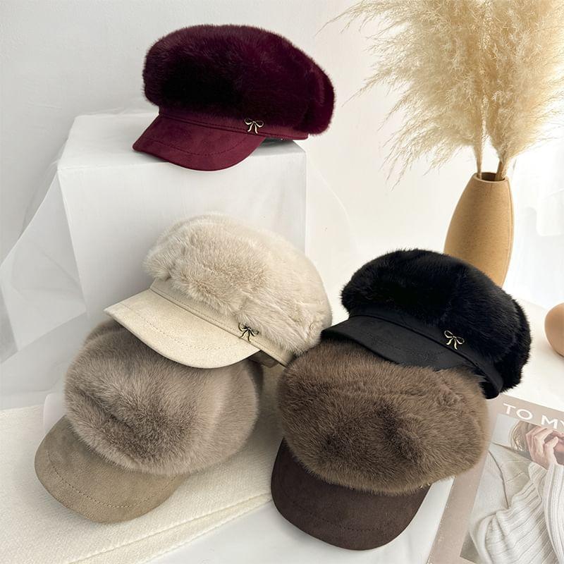 Bow Accent Fluffy Newsboy Cap Product Image