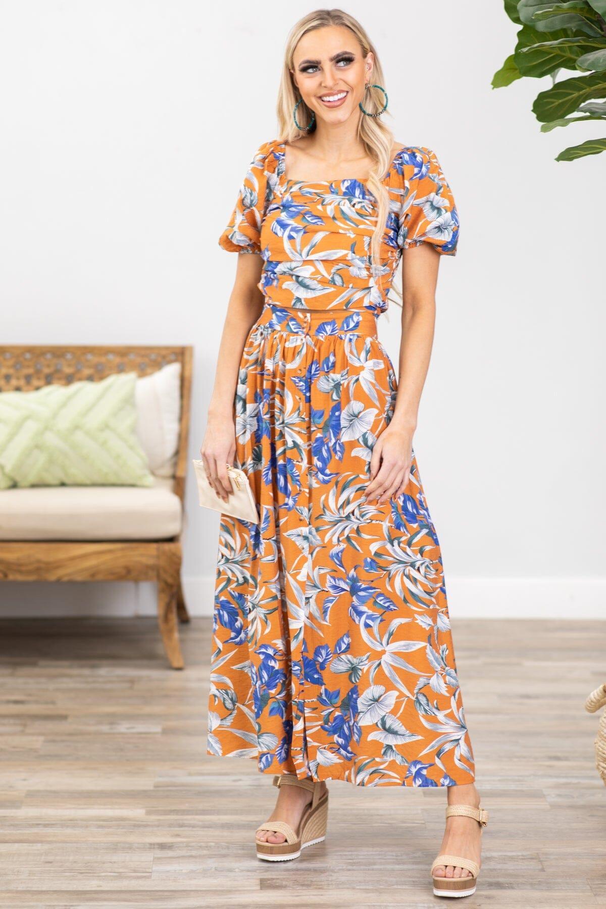 Orange and Cobalt Floral Square Neck Top Product Image