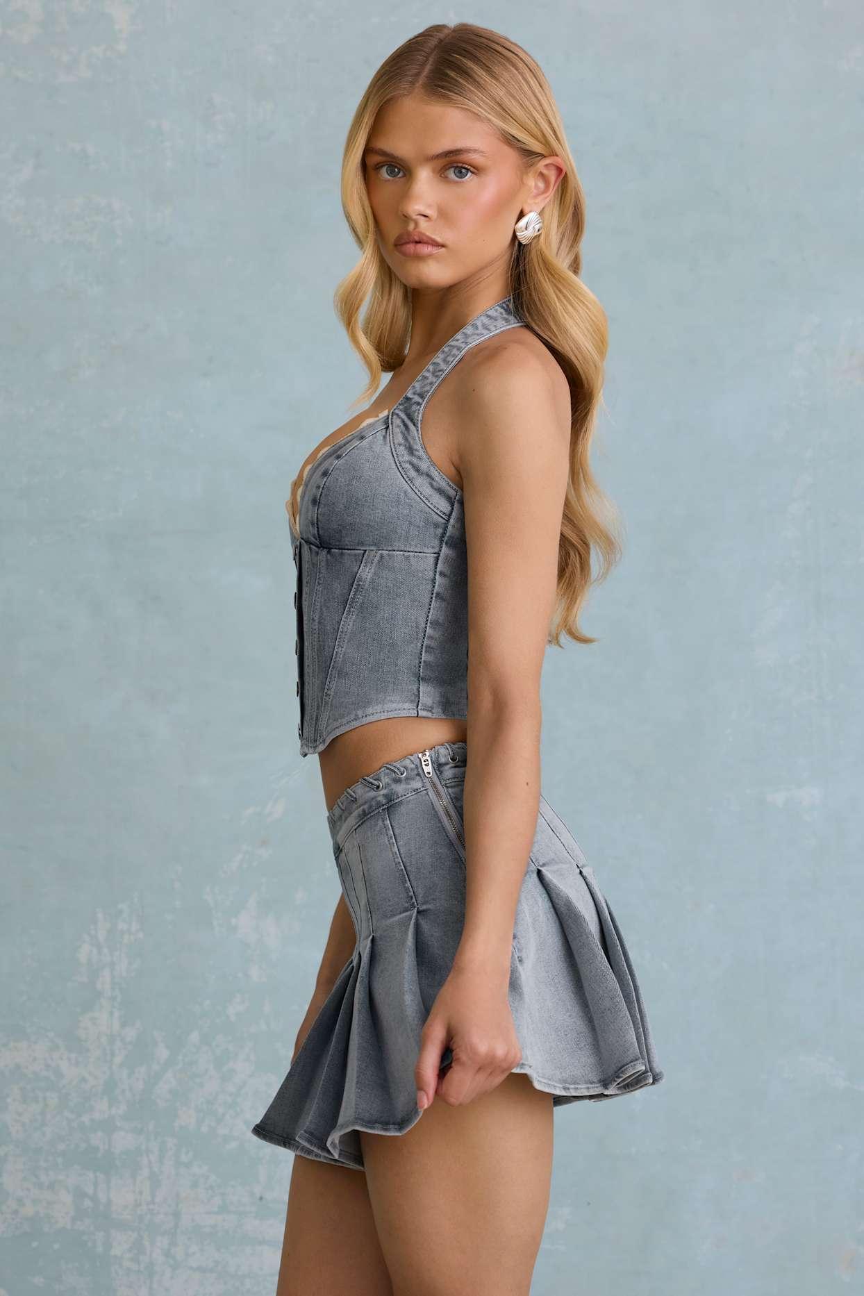 Low-Rise Pleated Mini Skirt in Light Blue Product Image