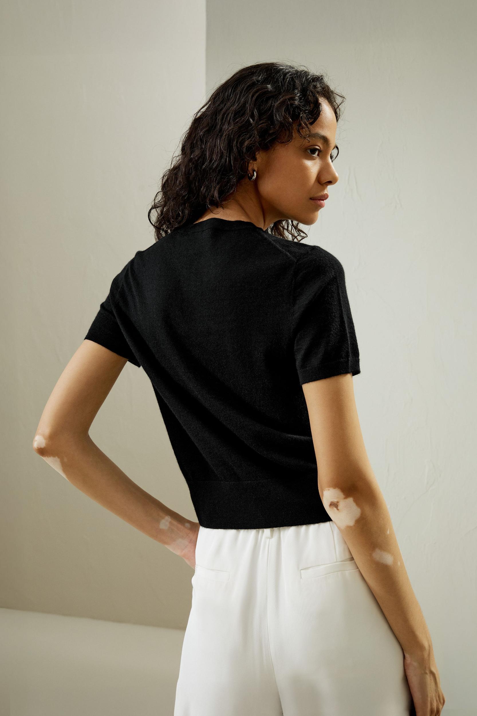 LILYSILK Short Sleeve Cashmere Jumper for Women Black 100% A-Grade Cashmere Soft Round Neck T-Shirt M Product Image