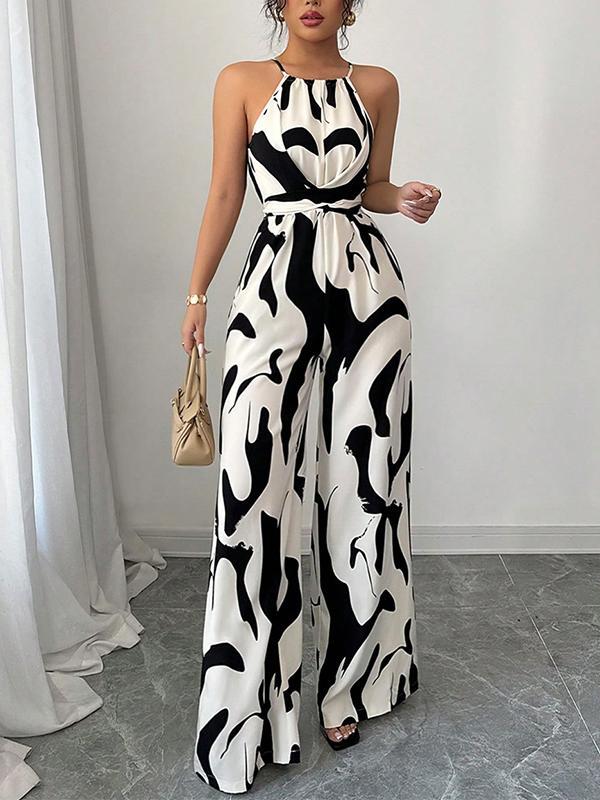 Loose Sleeveless Contrast Color Pleated Spaghetti-Neck Jumpsuits Product Image