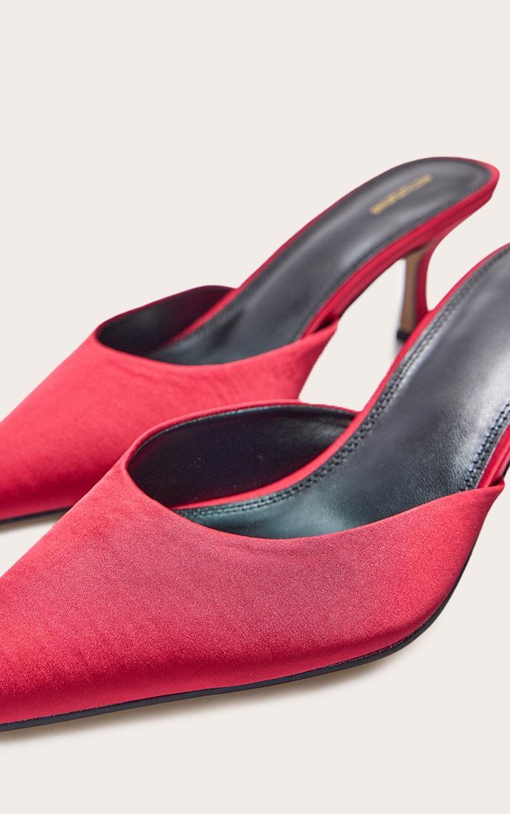 Red Satin Point Toe Mid Stiletto Heeled Mules Product Image