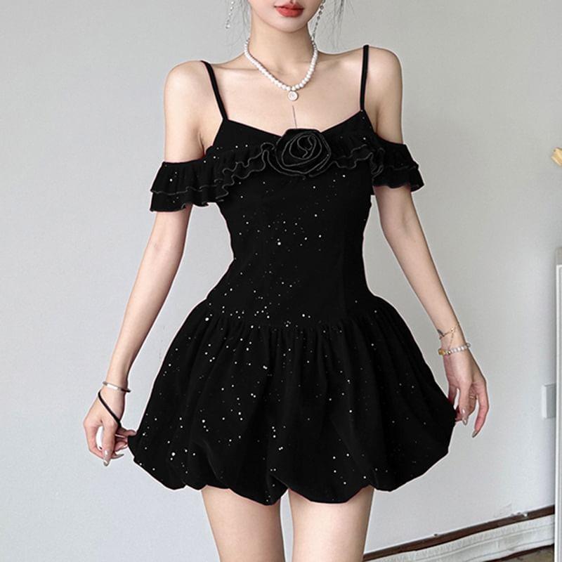 Spaghetti Strap Off-Shoulder 3D Flower Plain Velvet Glitter Mini Bubble Dress Product Image