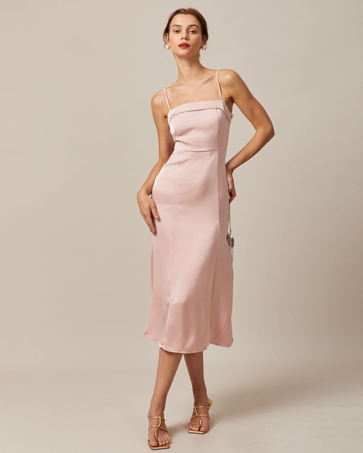 The Pink Bodycon Satin Cami Midi Dress Product Image