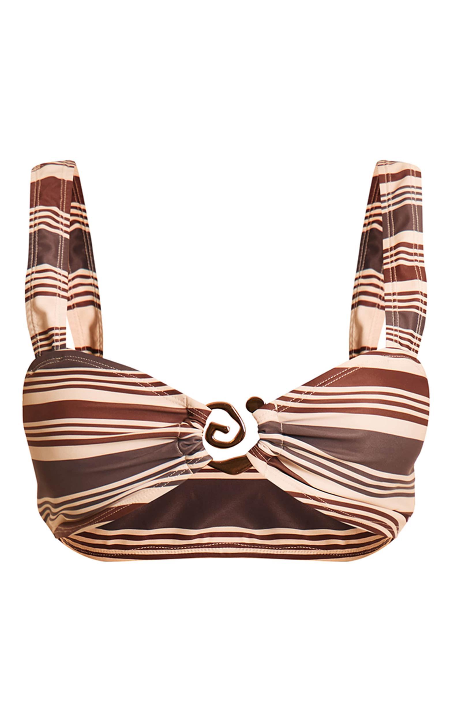 Brown Stripe Swirl Trim Bikini Top Product Image
