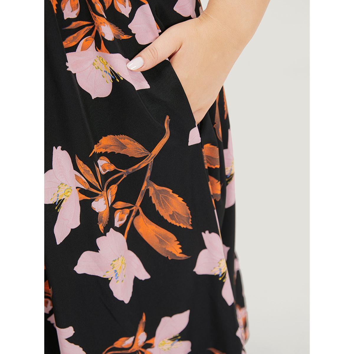 Plus Size Floral Print Pocket V Neck Elastic Waist Sleeveless Dress Black Women Elegant Elastic Waist V-neck Sleeveless Curvy Midi Dress BloomChic 12/L Product Image