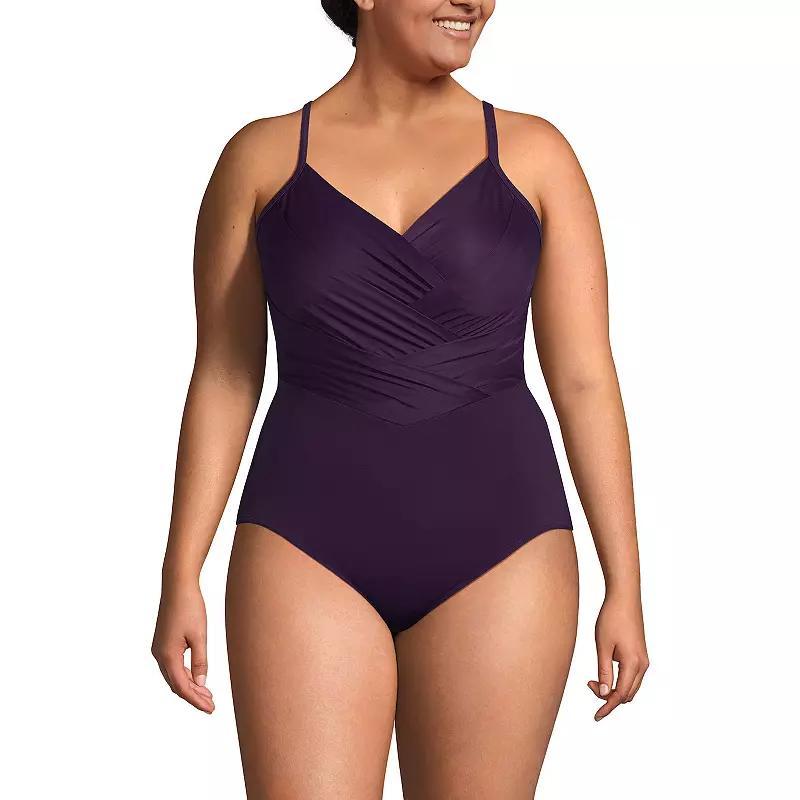 Plus Size Lands End Slender Suit Pleated X-Back One-Piece Swimsuit, Womens Product Image