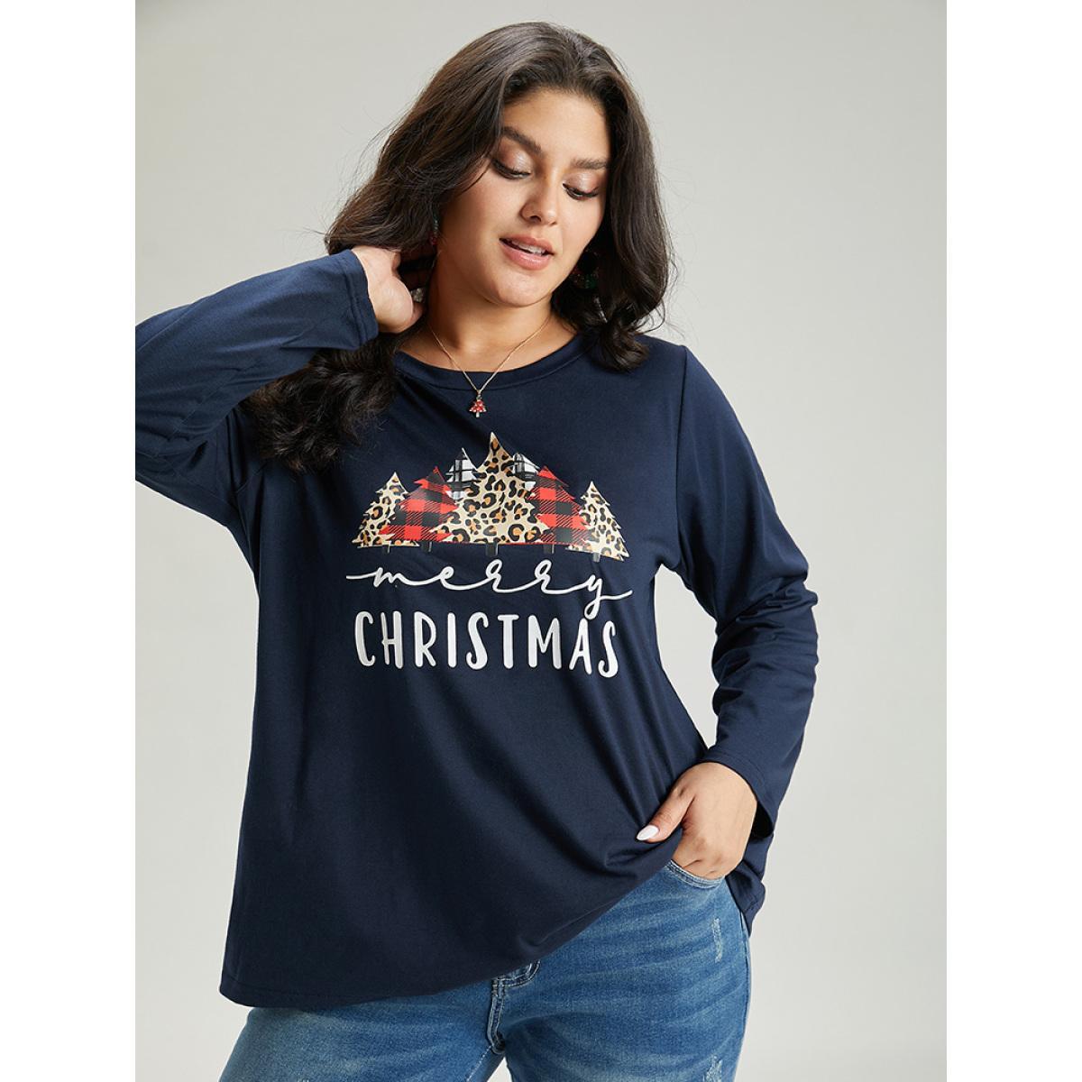 Plus Size Christmas Trees Letter Print Round Neck T-shirt Indigo Women Casual Printed Christmas Festival-Christmas T-shirts BloomChic 22-24/3X Product Image