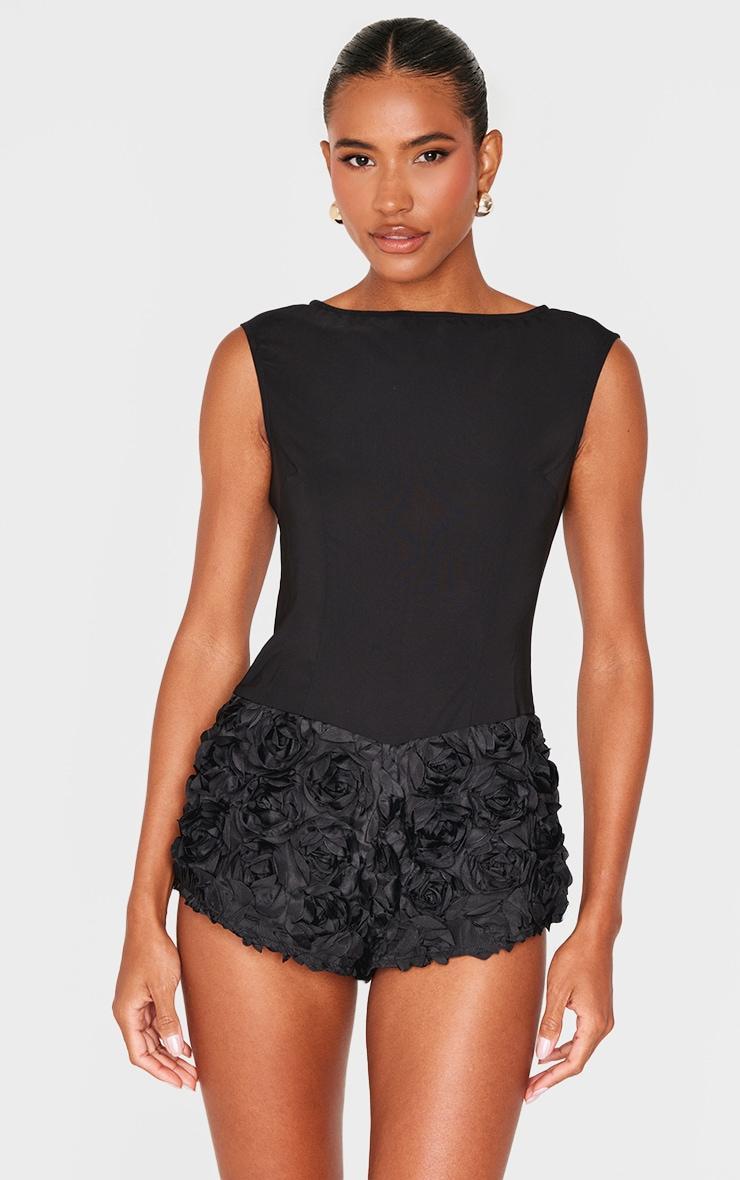 Black Woven Rose Applique Boat Neck Romper Product Image