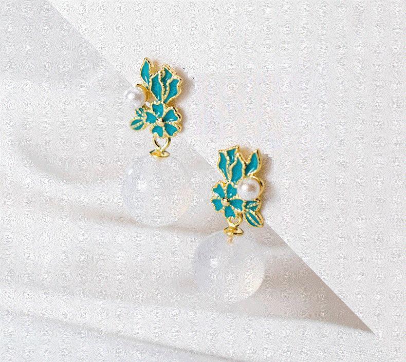 925 Sterling Silver Enamel Floral Faux Pearl Drop Earring Product Image