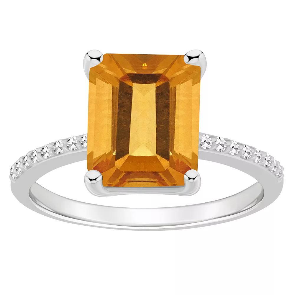 Alyson Layne Sterling Silver 10 mm x 8 mm Emerald Cut Gemstone & 1/10 Carat T.W. Diamond Ring, Women's, Citrine Product Image