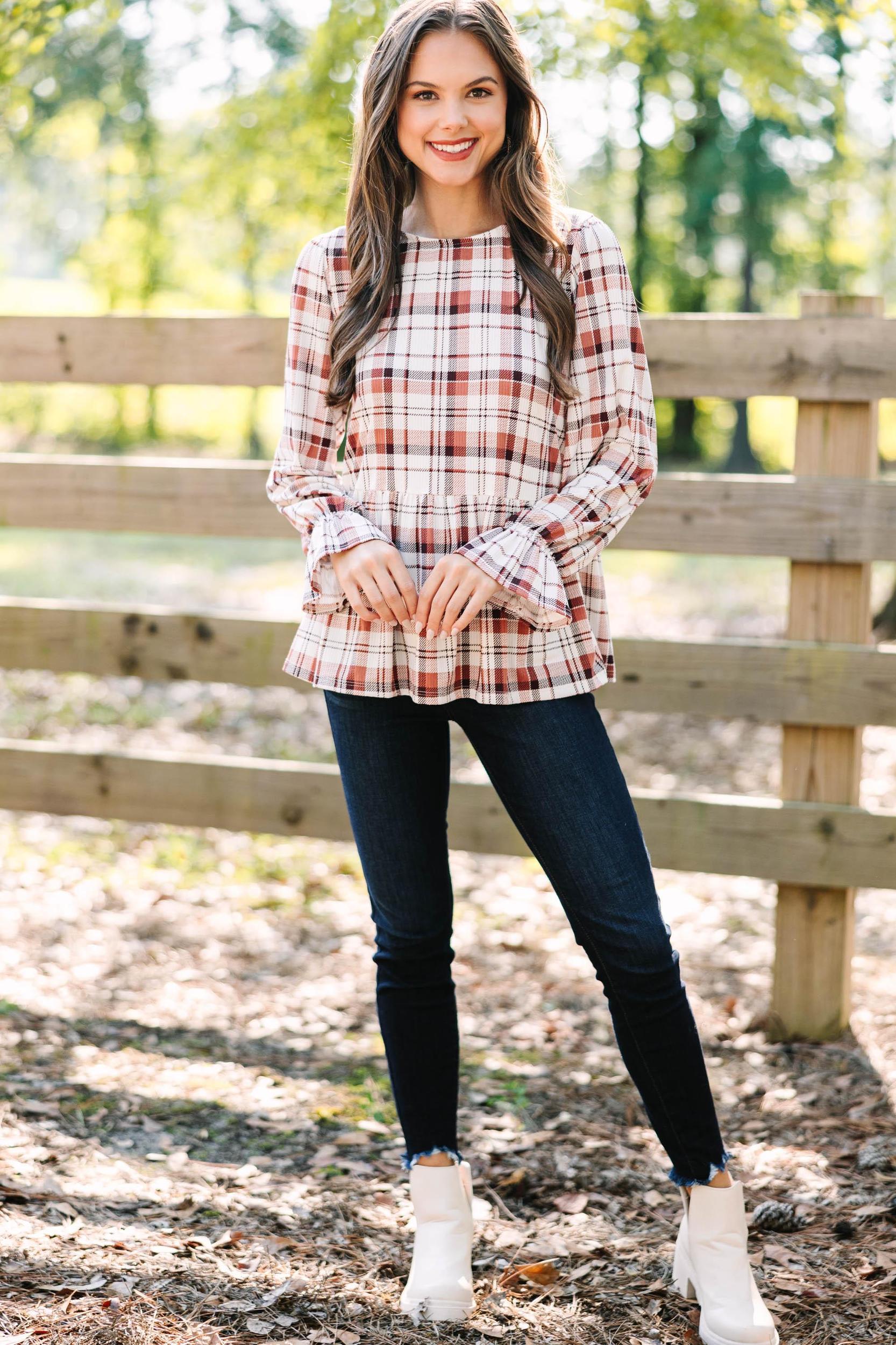 Need You Always Rust Orange Plaid Top Female Product Image