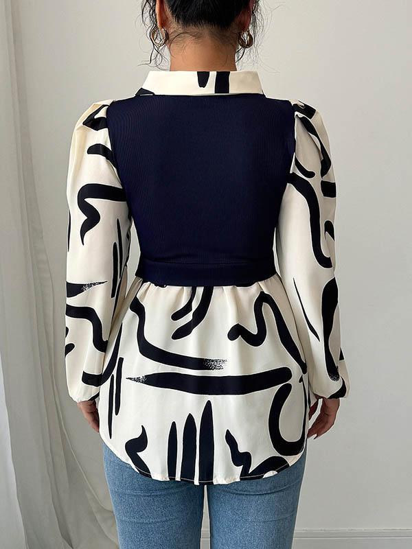 Long Sleeves Loose Buttoned Contrast Color Pleated Split-Joint Lapel Blouses&Shirts Tops Product Image