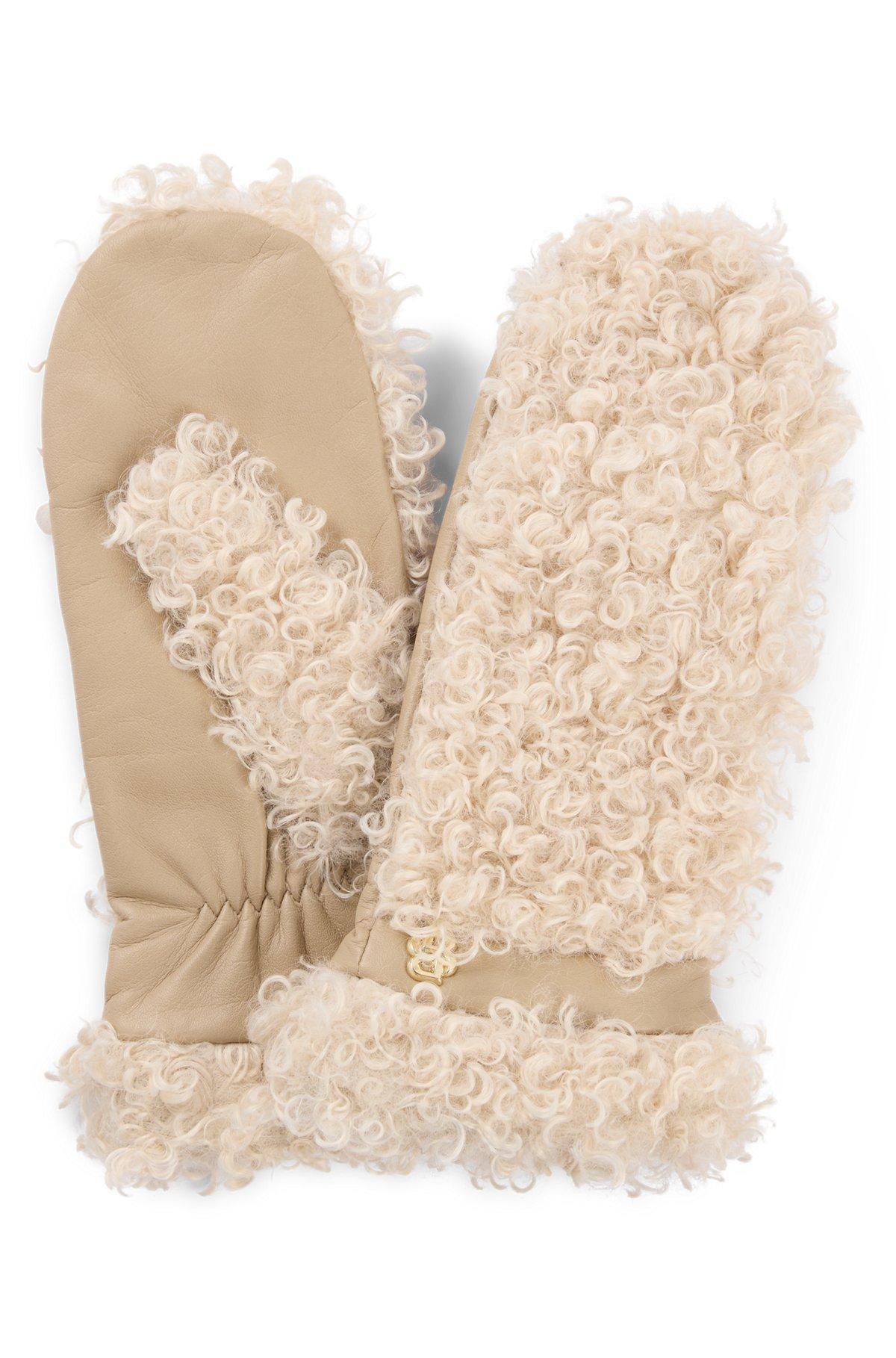 Faux-teddy mittens with leather panels Product Image