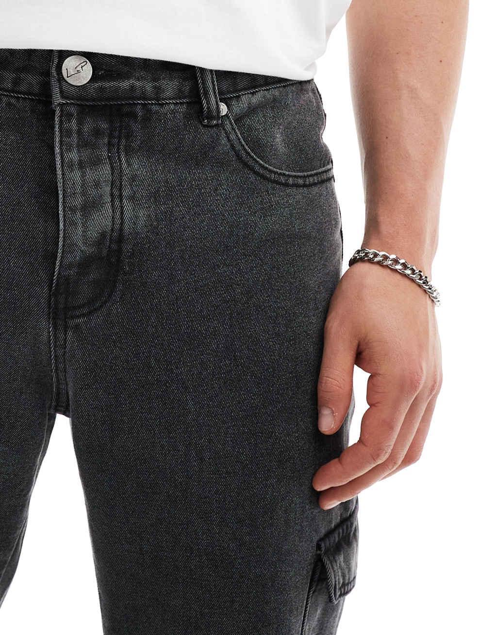 Liquor N Poker relaxed cargo jeans with strap in black wash Product Image