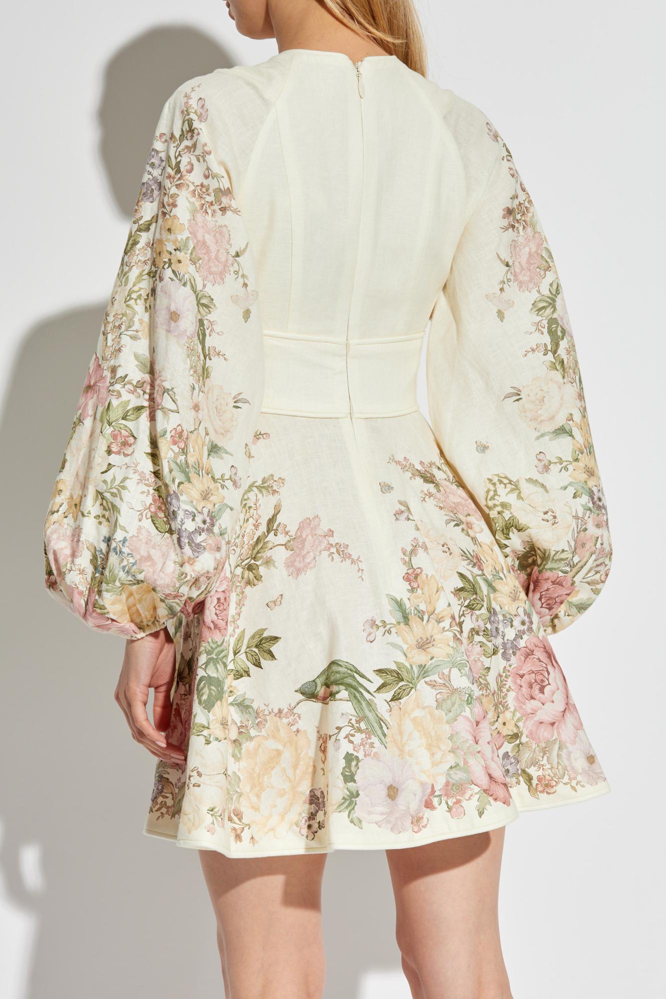 ZIMMERMANN Waverly Plunged Linen Mini Dress In Cream Floral Product Image