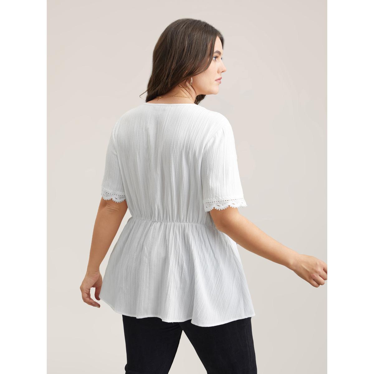 Plus Size Beige Scalloped Lace Textured Sheer Flared Shirt Women Leisure Short sleeve V-neck Casual Blouses BloomChic 28/5X Product Image