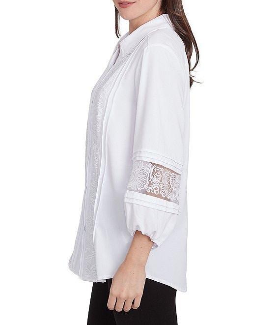 Ruby Rd. Woven Point Collar 3/4 Lace Inset Sleeve Button-Front Top Product Image