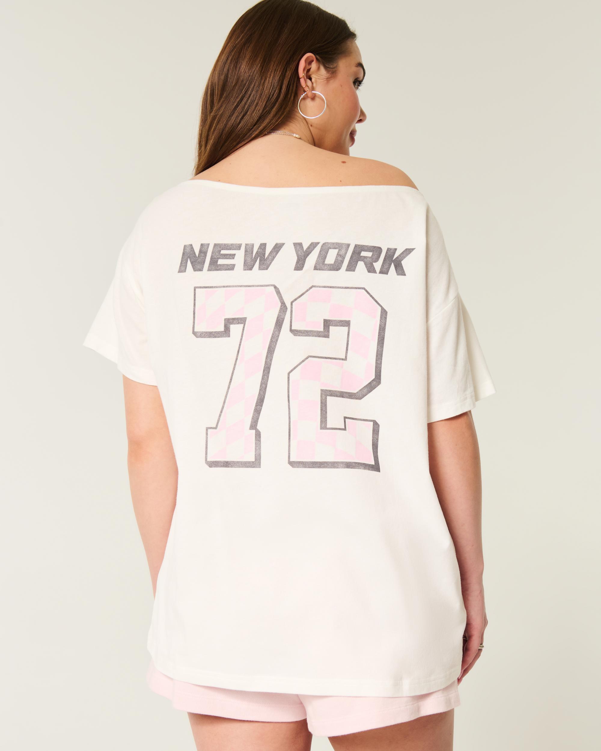 Oversized Off-the-Shoulder New York Raceway Graphic Tee Product Image