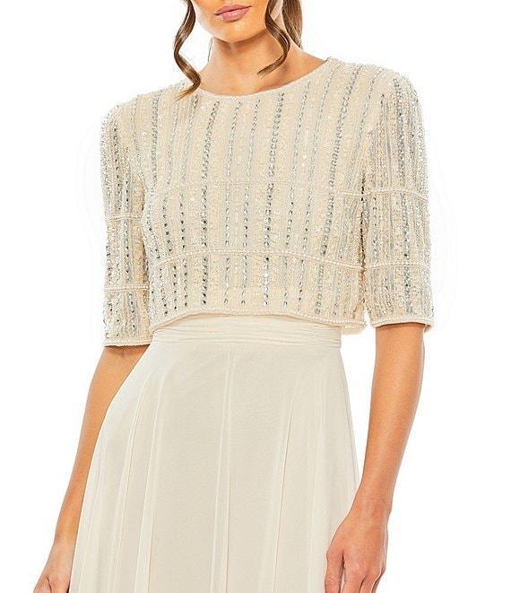 Mac Duggal Crew Neck Half Sleeve Beaded Bodice A-Line Gown Product Image