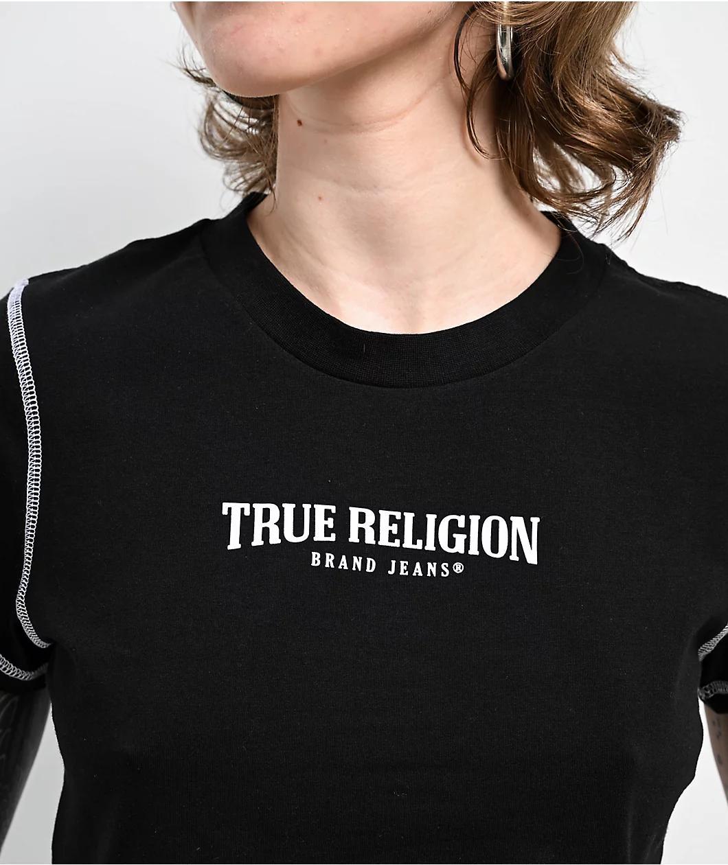 True Religion Contrast Stitch Black Crop T-Shirt Product Image