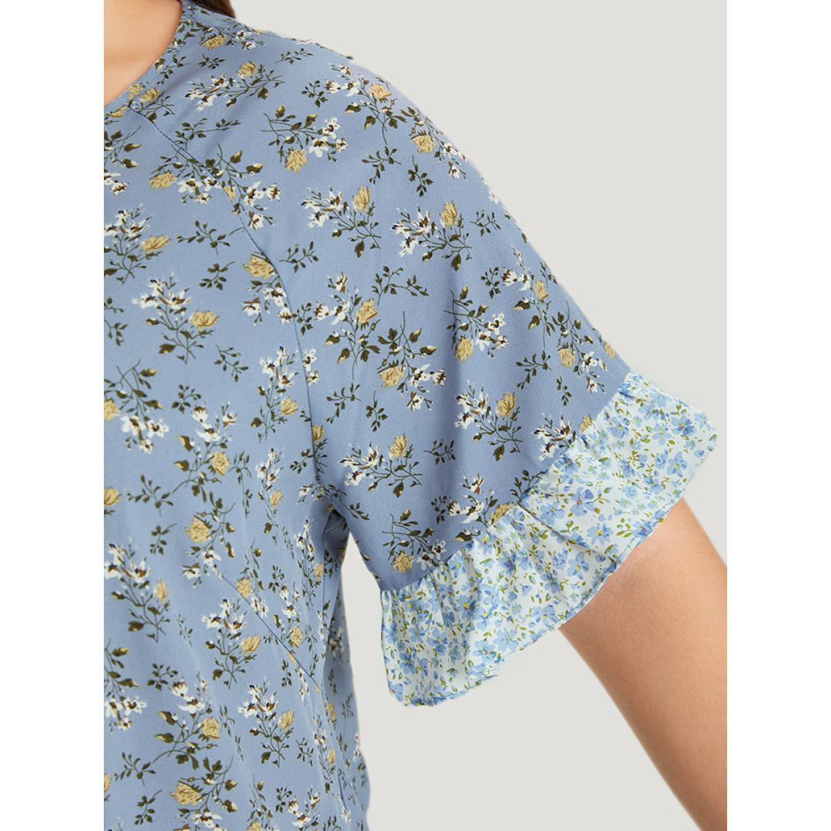 Plus Size Stone Ditsy Floral Tassels Tie Patchwork Ruffle Sleeve Blouse Women Elegant Short sleeve Tie Neck Dailywear Blouses BloomChic 12/L Product Image