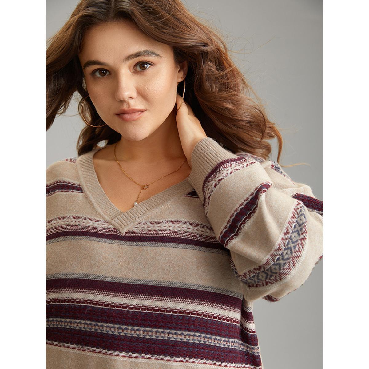 Plus Size Supersoft Essentials Striped Print Drop Shoulder Pullover LightBrown Women Casual Loose Long Sleeve Deep V-neck Everyday Pullovers BloomChic 10/M Product Image