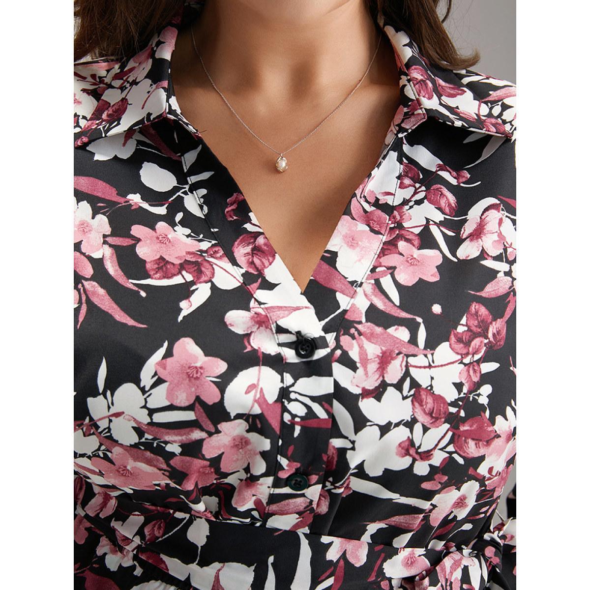Plus Size Floral Print Belted Shirt Collar Dress Black Women Elegant Elastic cuffs V-neck Long Sleeve Curvy Knee Dress BloomChic 30/6X Product Image
