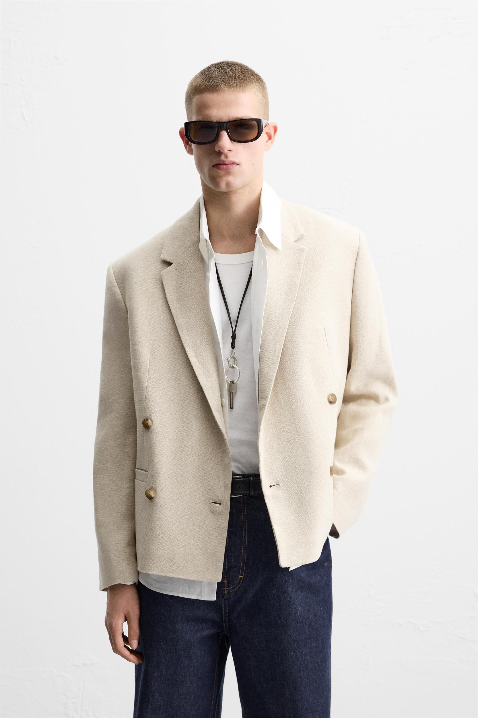 LINEN DOUBLE-BREASTED BLAZER Product Image