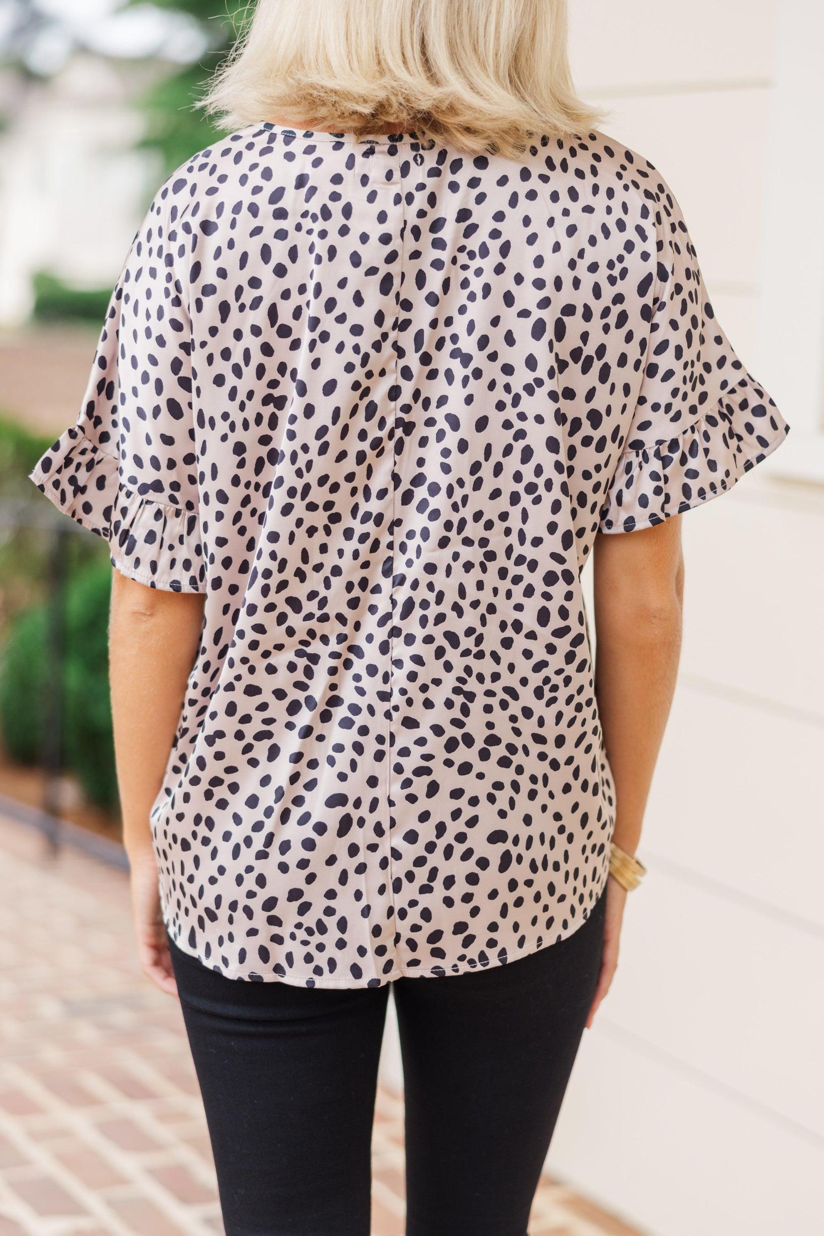 All I Ask Taupe Brown Spotted Leopard Ruffled Top Female Product Image