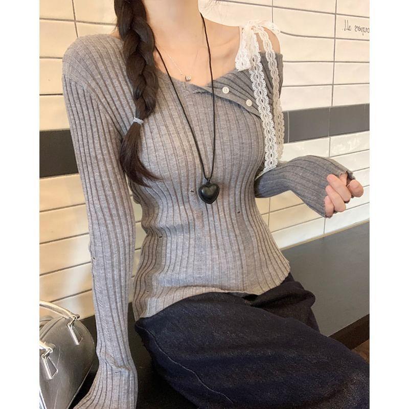 Cold-Shoulder Plain Distressed Ribbed Lace Trim Sweater Product Image