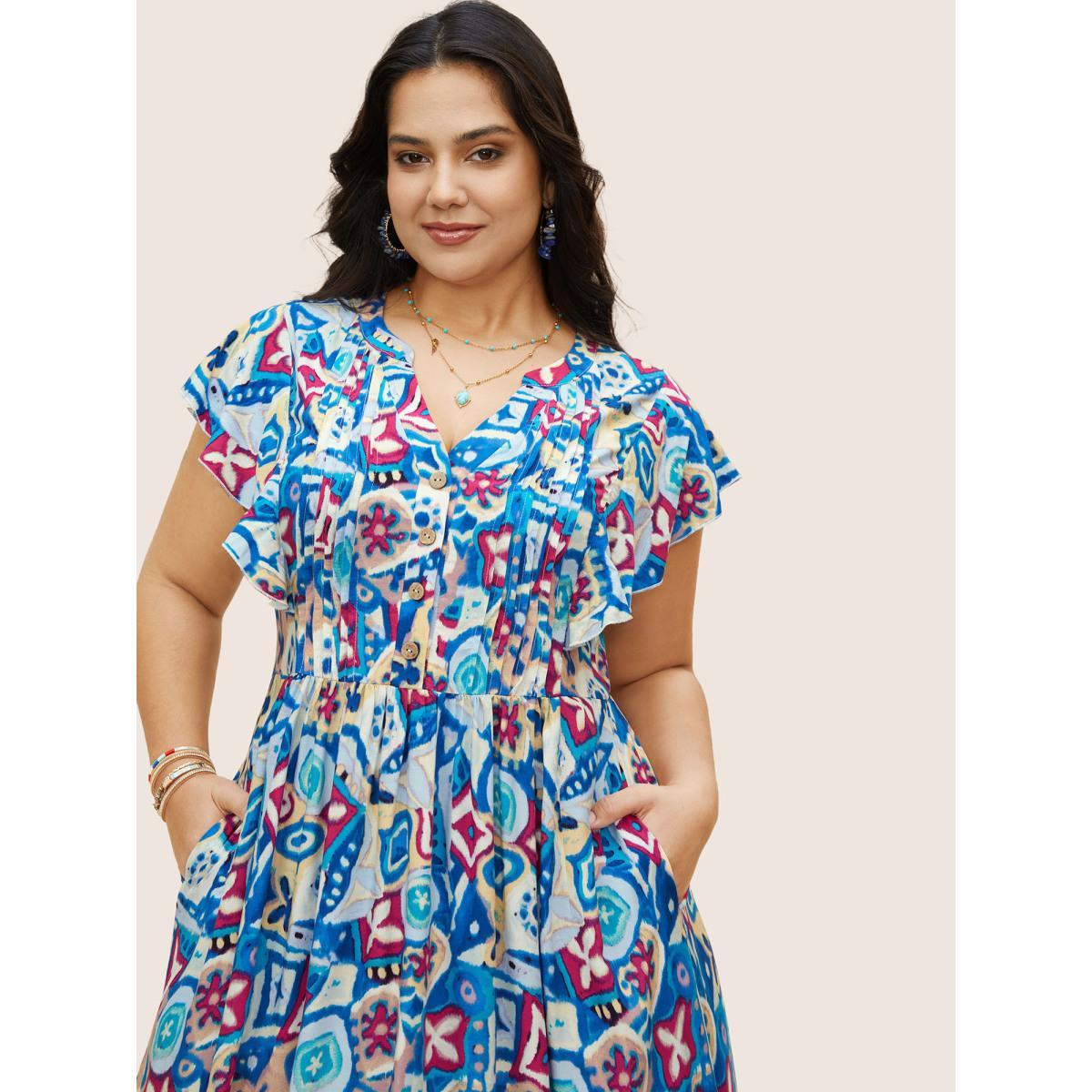 Plus Size Boho Print Pleated Ruffle Sleeve Dress Blue Women Resort Ruffles Notched collar Cap Sleeve Curvy BloomChic 10/M Product Image