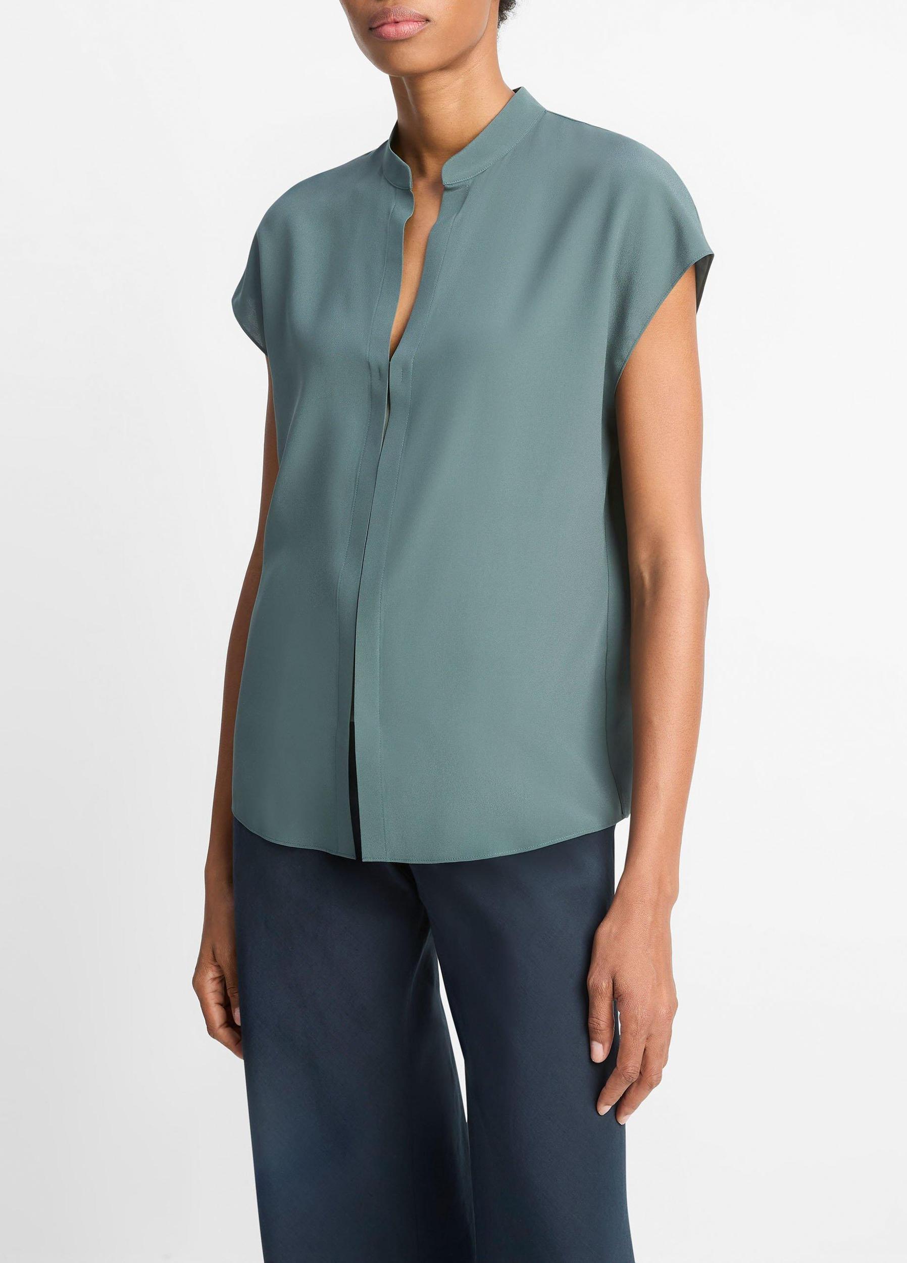 Contrast-Placket Stretch-Silk Cap-Sleeve Blouse Product Image