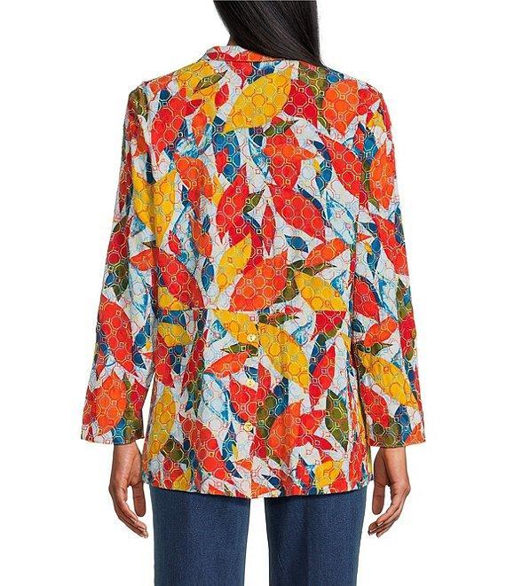 John Mark Petite Size Embroidered Abstract Leaf Print Wire Collar 3/4 Roll-Tab Sleeve Hi-Low Hem Button Front Tunic Product Image