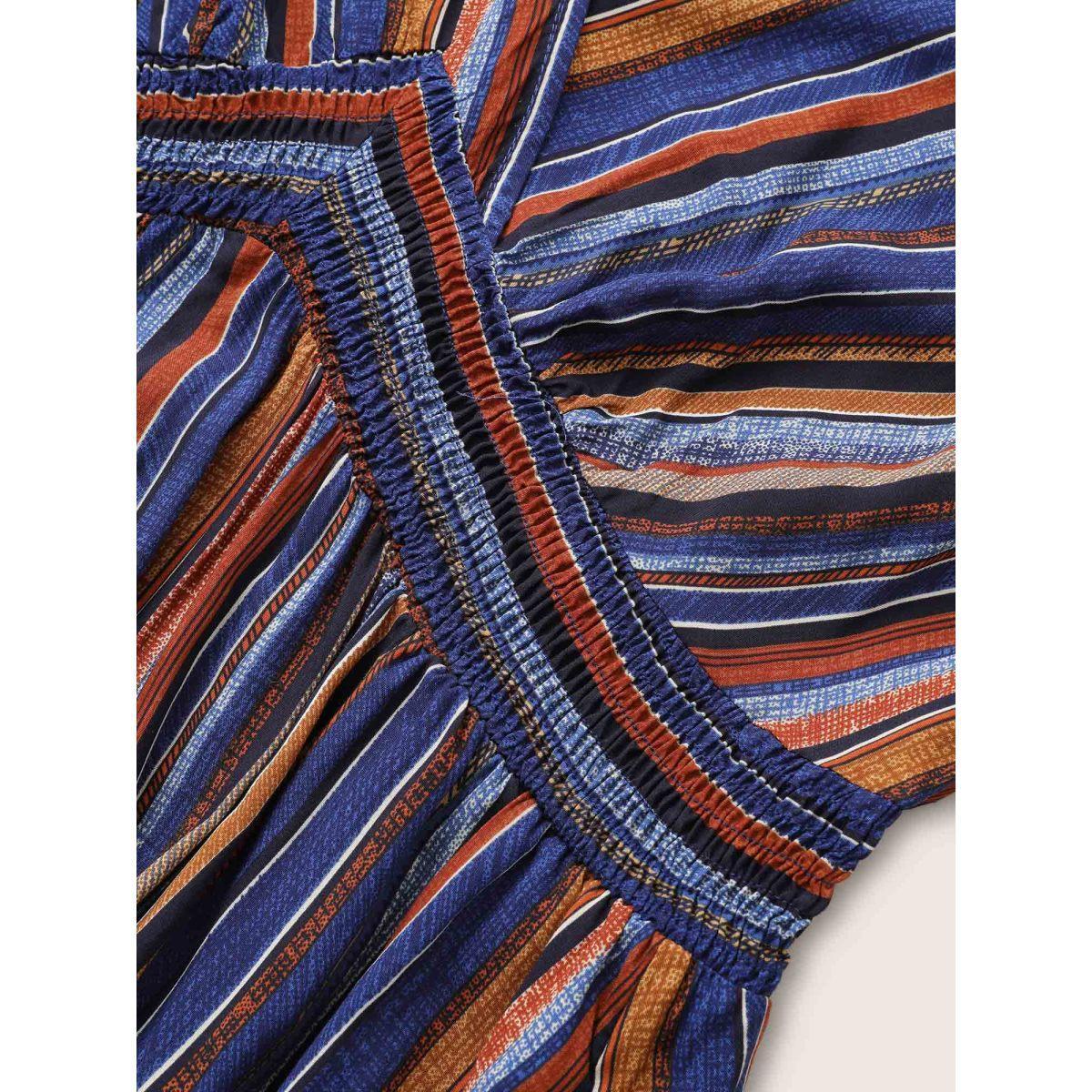 Plus Size Striped Contrast Dolman Sleeve Shirred Pocket Split Flutter Dress Blue Women Boho Non V-neck Half Sleeve Curvy BloomChic 14-16/1X Product Image