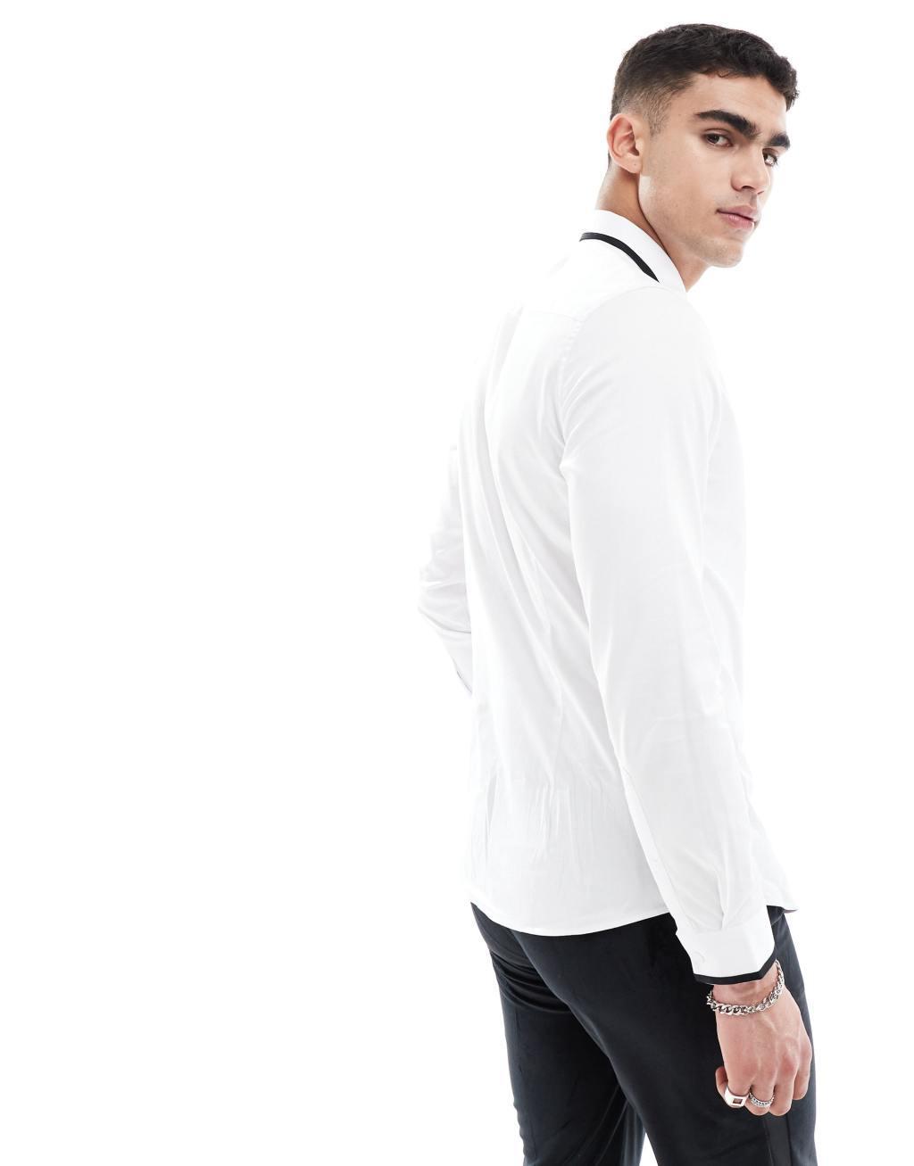 ASOS DESIGN slim shirt with navy detailing in white  Product Image