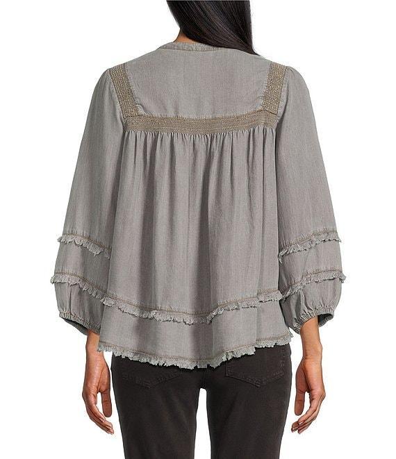 Multiples Petite Size Embroidered Band Collar 3/4 Sleeve Fringe Hem Top Product Image