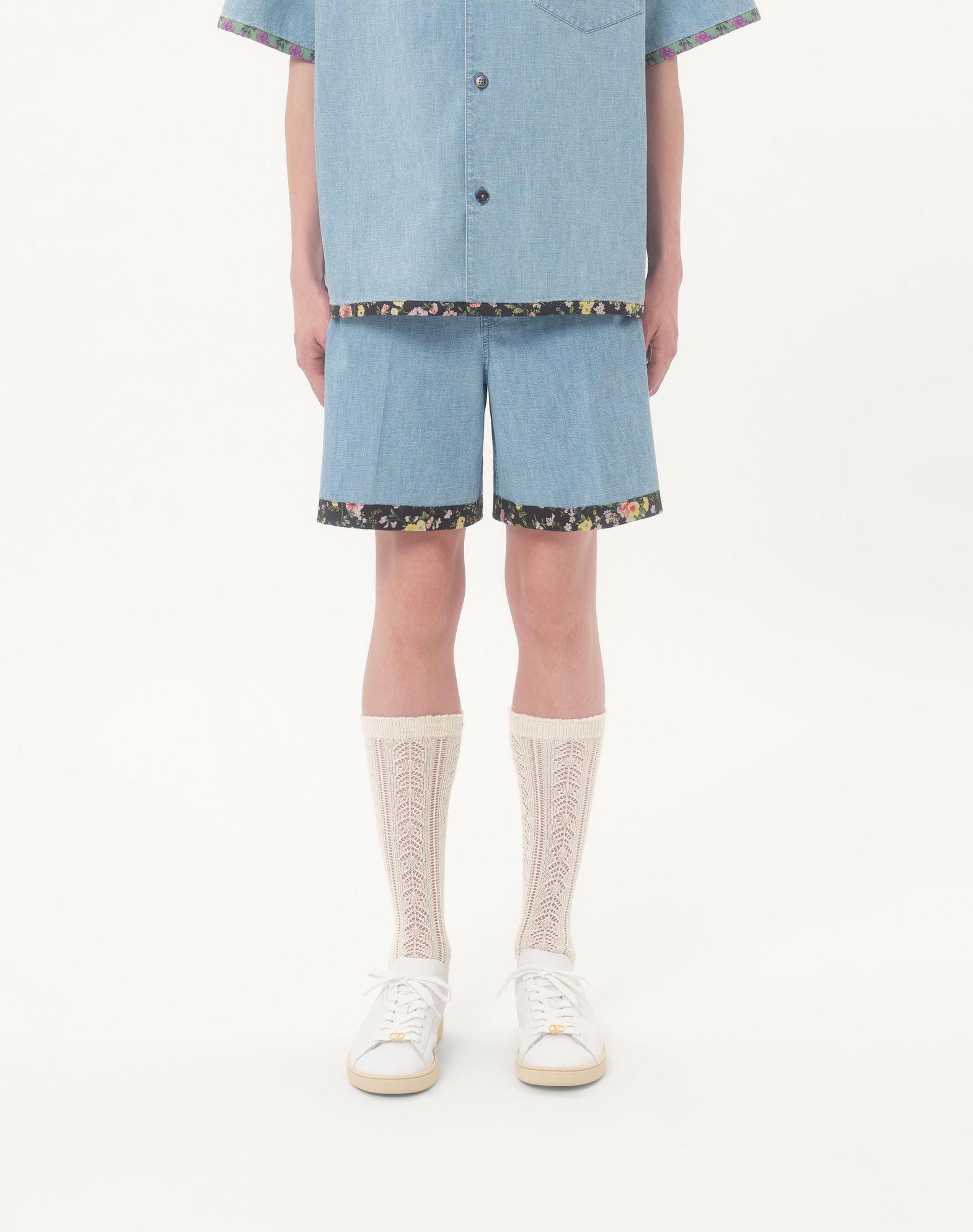 Denim Bermuda Shorts With Floral Print Hem Product Image