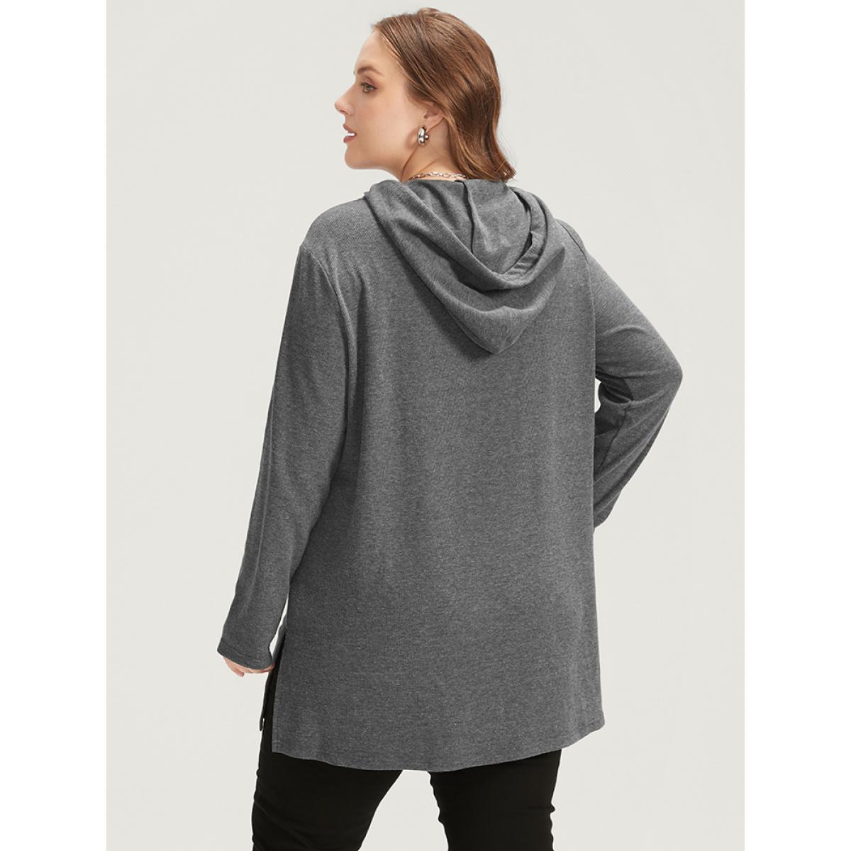 Plus Size Solid Drawstring Split Hem Hooded Sweatshirt Women DimGray Casual Hooded Dailywear Sweatshirts BloomChic 26/4X Product Image