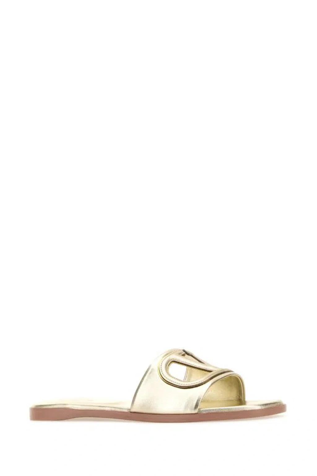 VALENTINO GARAVANI Platinum Leather Vlogo Slippers In Gold Product Image